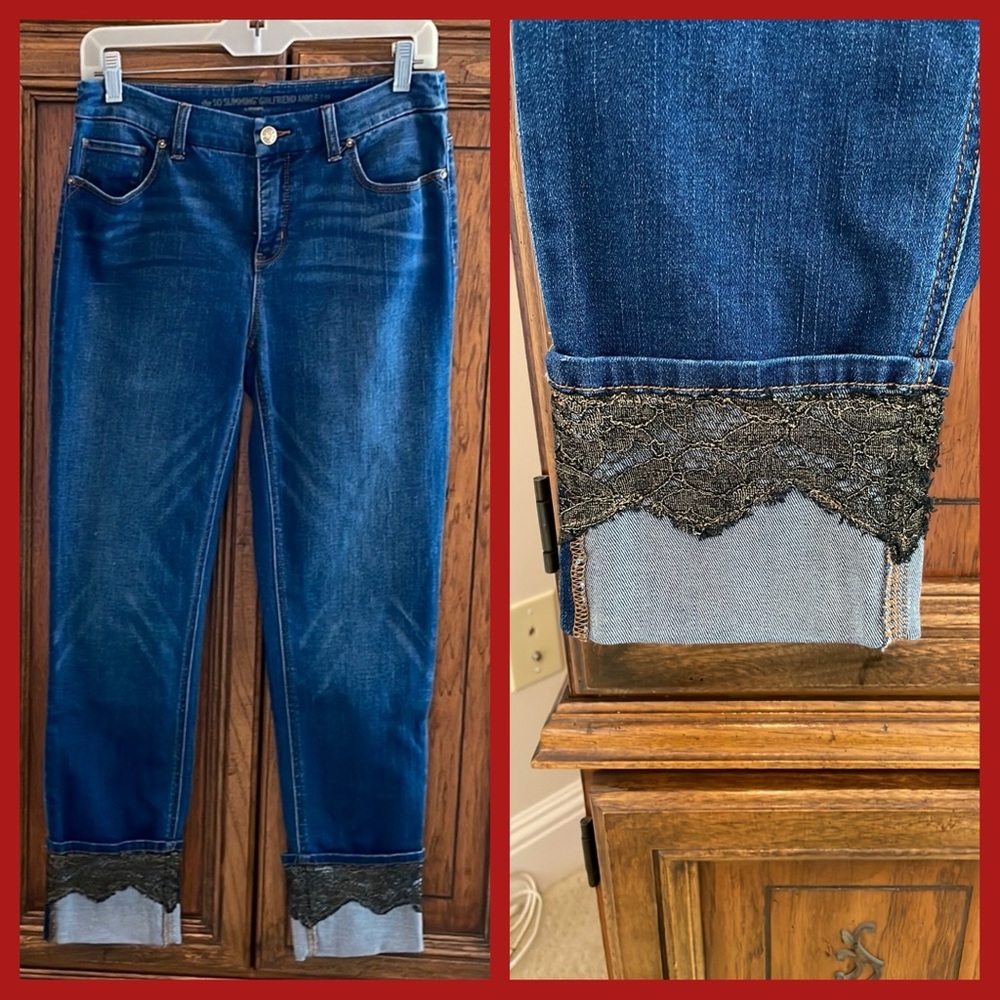 Chico's So Slimming Girlfriend Ankle Jean with lace detail at cuff - size 6